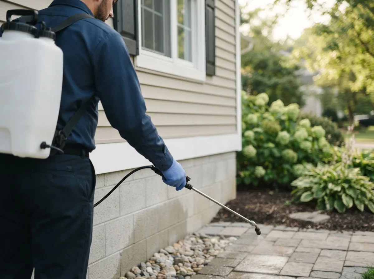 Pest control technician inspecting a home in Rienzi, MS